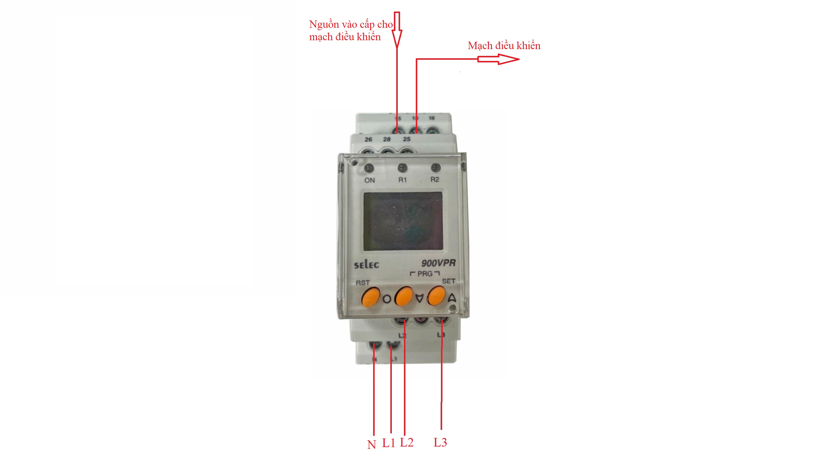 Sơ đồ đấu nối Rơ le bảo vệ Selec 900VPR sử dụng cấp nguồn mạch điều khiển