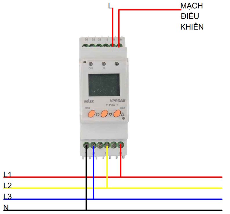 Sơ đồ đấu nối Rơ le bảo vệ Điện áp Selec VPRD2M sử dụng cấp nguồn mạch điều khiển