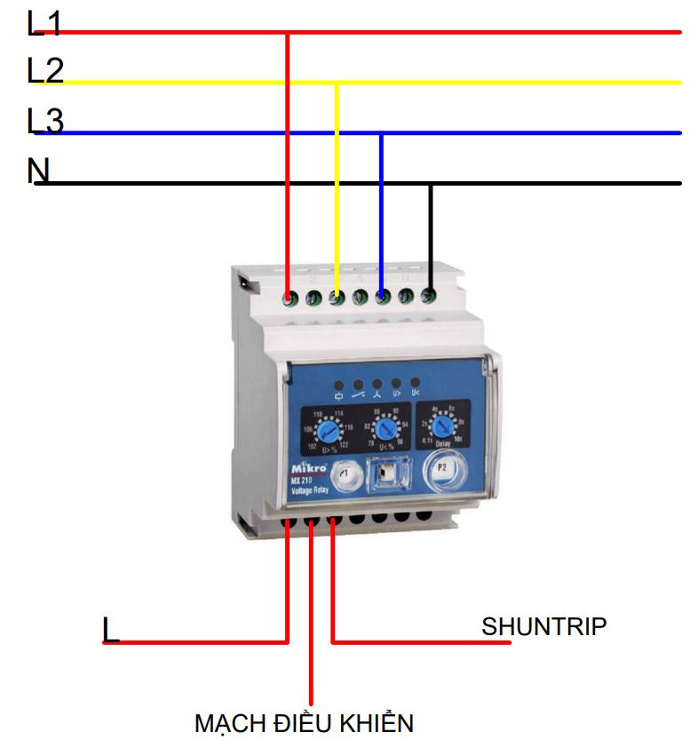 Sơ đồ đấu nối Rơ le bảo vệ Mikro MX210 sử dụng cấp nguồn mạch điều khiển