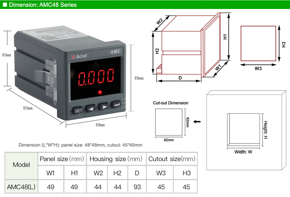 Kích thước: Acrel AMC48L-AI