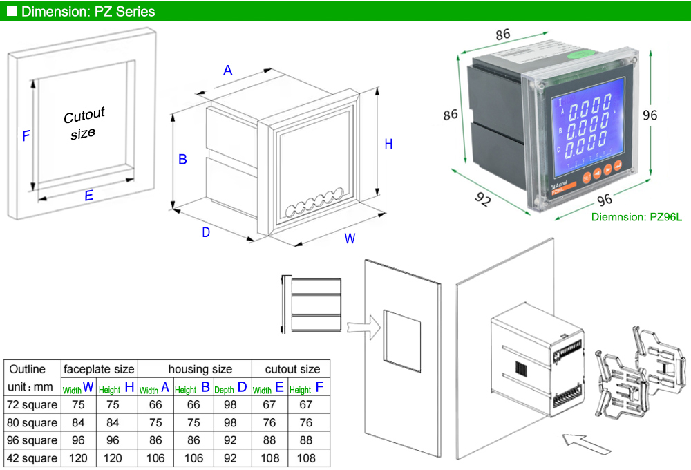 Kích thước: Acrel PZ96L-E4/KC