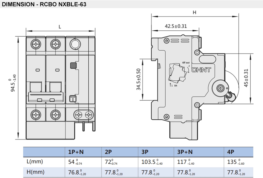 Kích thước CHINT NXBLE-63 1P+N C40