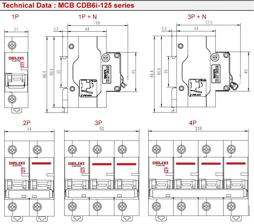 Kích thước : MCB Delixi CDB6i1252C125 2P 125A 10kA