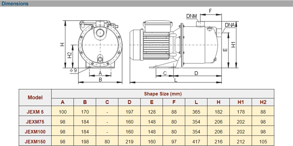 Kích thước máy bơm EWARA JEXM 075