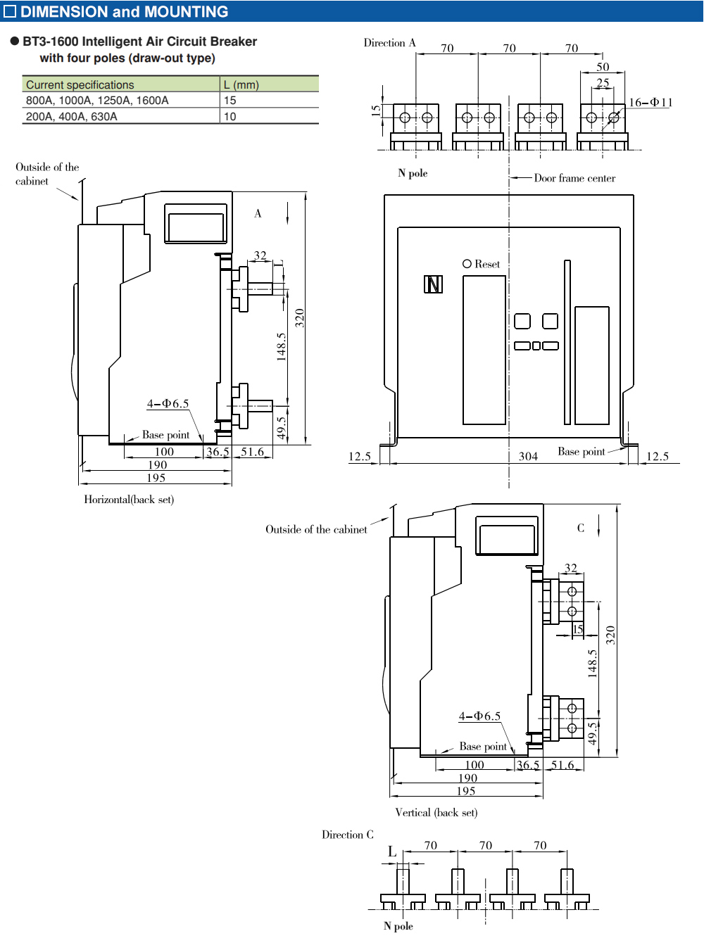 Kích thước: ACB Fuji BT3-1600X/41250E