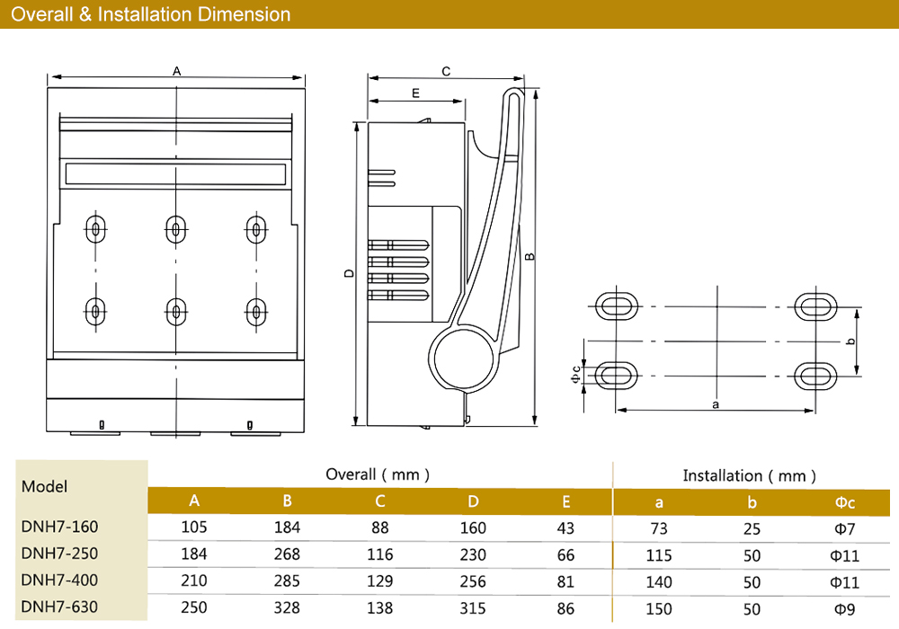 Kích thước tổng thể và lắp đặt: iLEC DNH7-160-3P