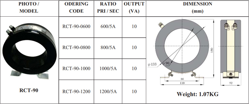 Thông số kỹ thuật biến dòng RCT-90 1000/5A