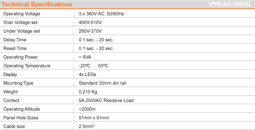 Thông số kỹ thuật: VPR-A2-380/3L