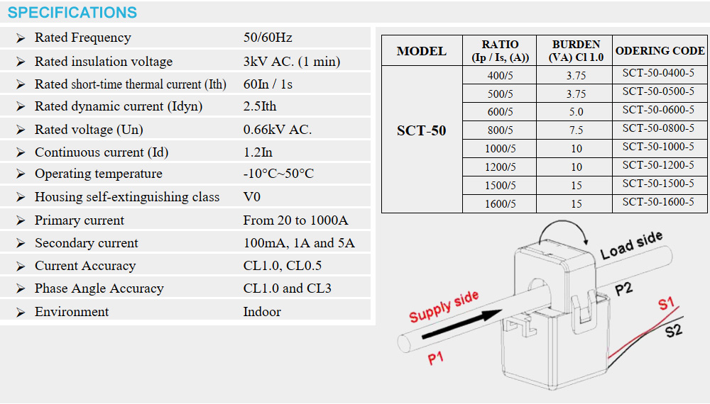 Thông số kỹ thuật  Biến dòng kẹp ILEC SCT-50 800/5A