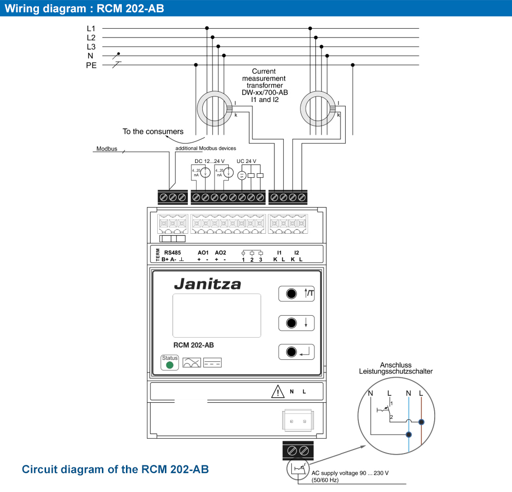 Sơ đồ kết nối : Janitza RCM 202-AB