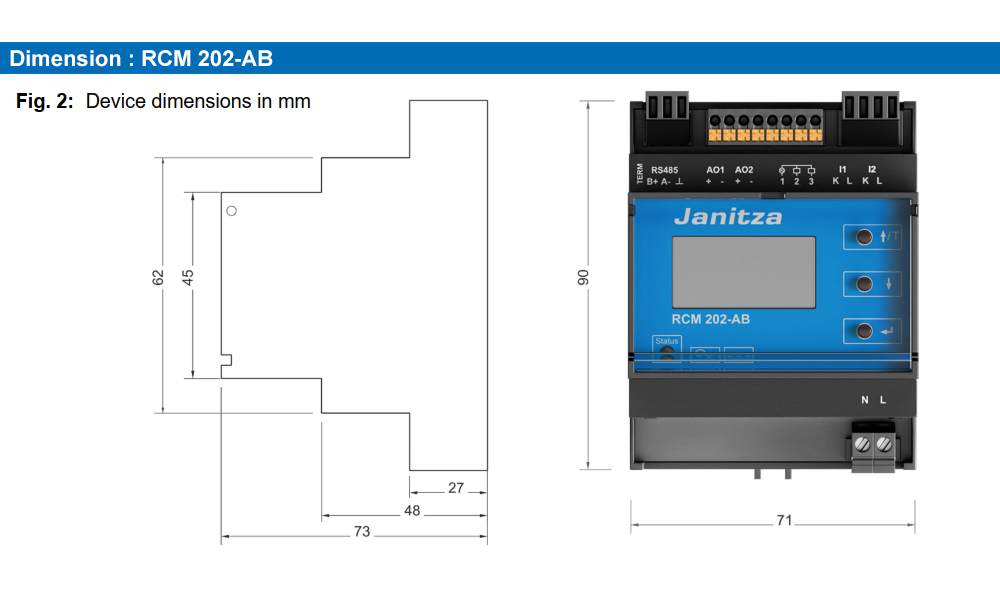 Kích thước : Janitza RCM 202-AB