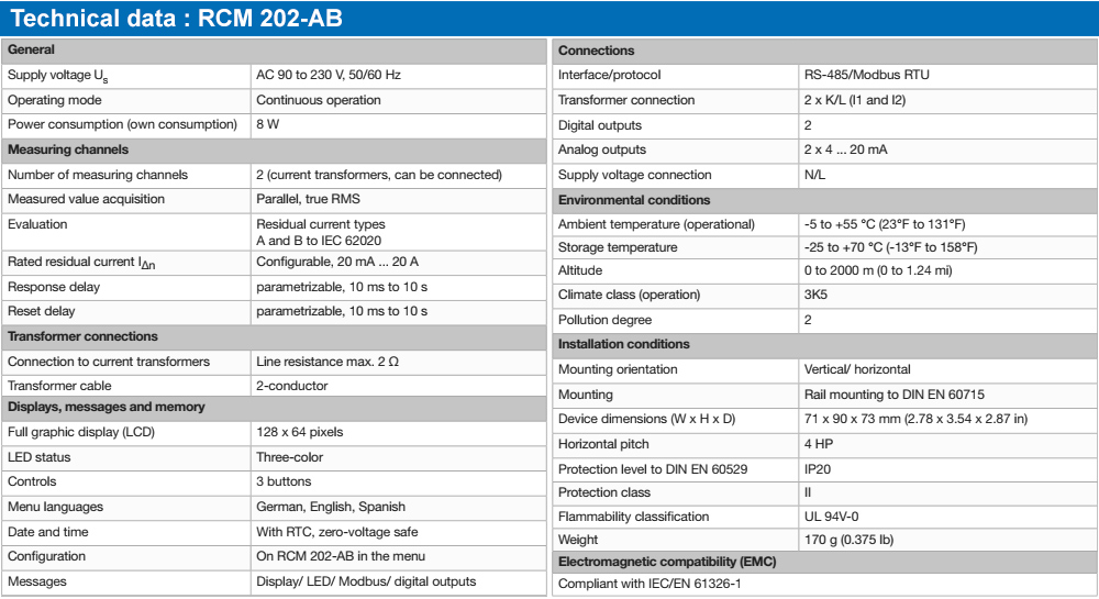 Thông số kỹ thuật : Janitza RCM 202-AB