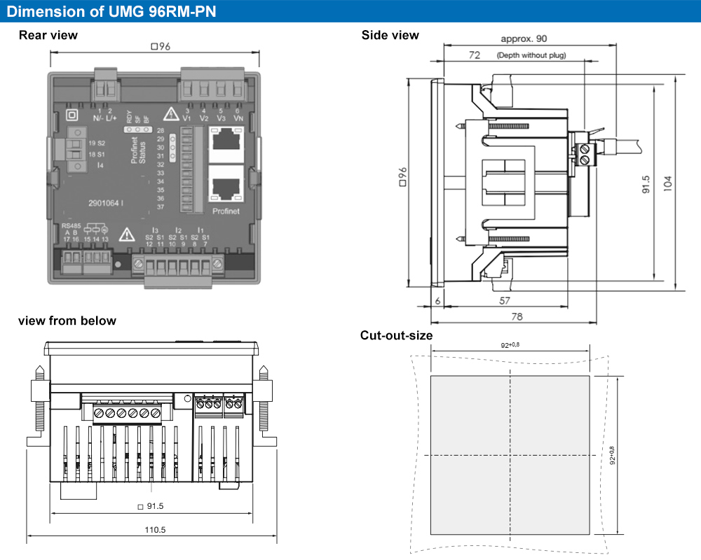 Kích thước : Janitza UMG 96RM-PN