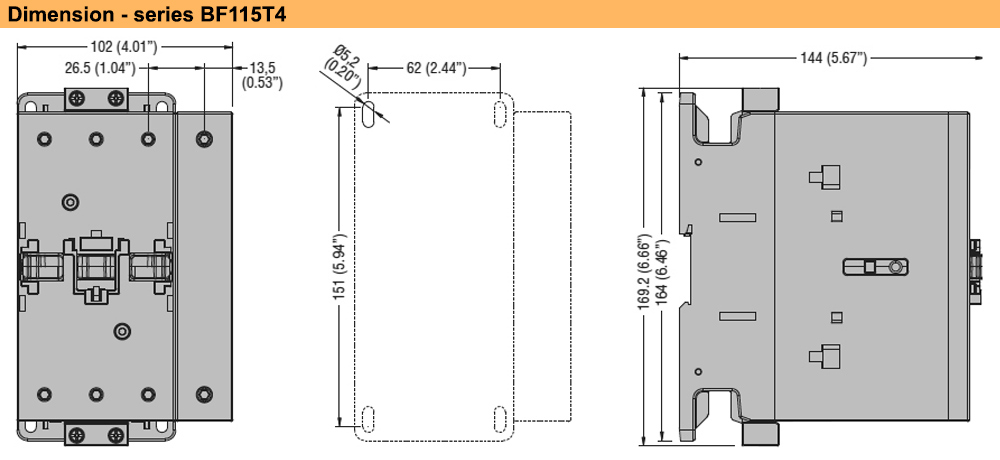 Kích thước Khởi động từ Lovato BF115T4A