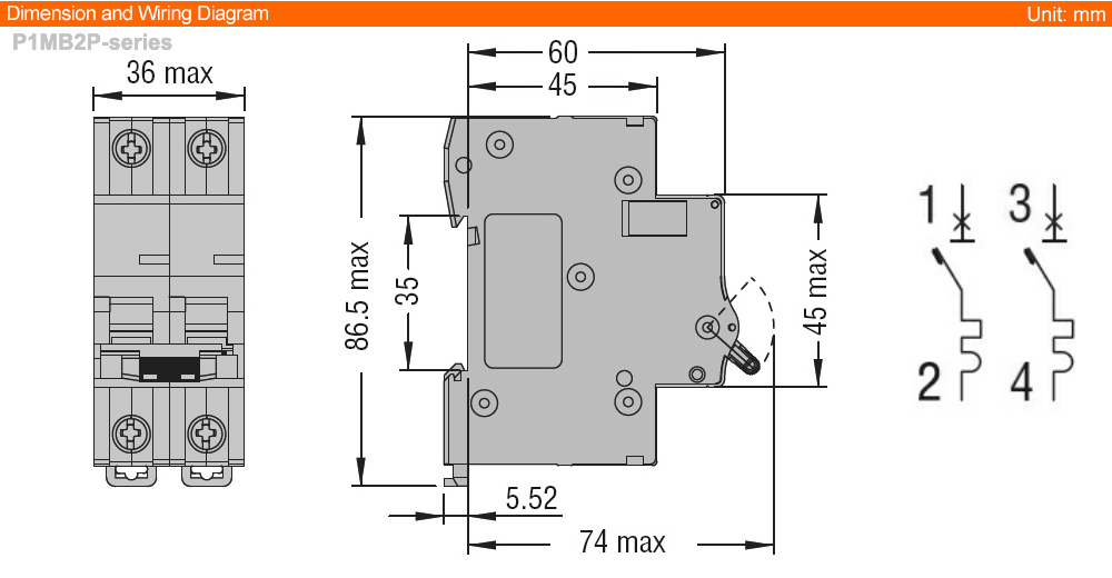 Kích thước Lovato P1MB2PC04 ( MCB )