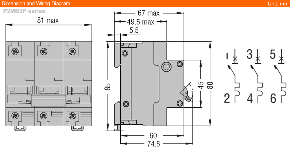 Kích thước Lovato P2MB3PC125 ( MCB )