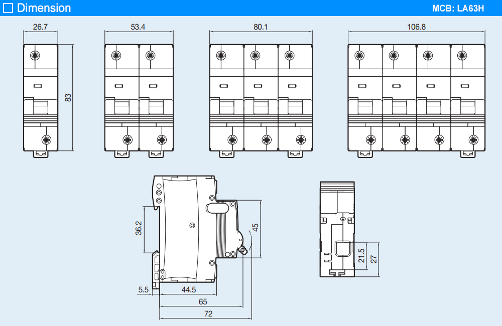 Kích thước: MCB LS LA125H 1P C100