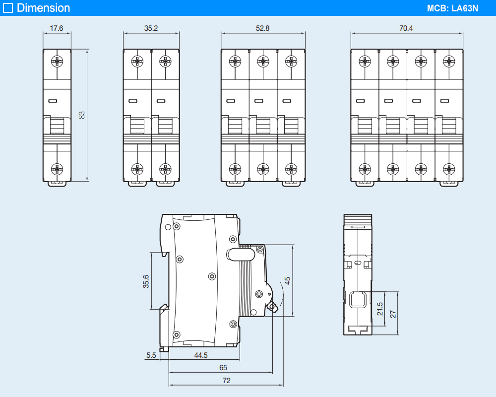 Kích thước: MCB LA63N 4P C50