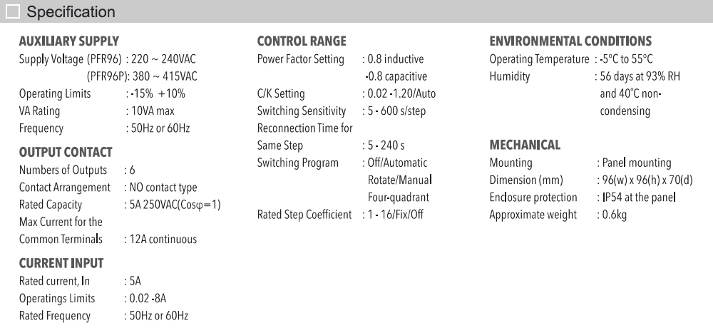 Thông số kỹ thuật: Mikro PFR96-230A (RX)