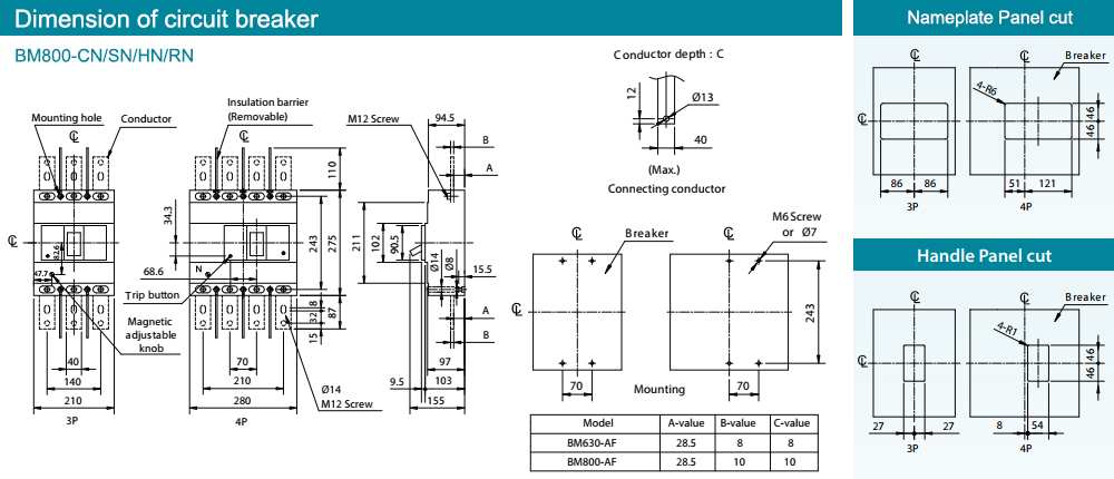 Kích thước : MCCB BM800-SN 4P 800A