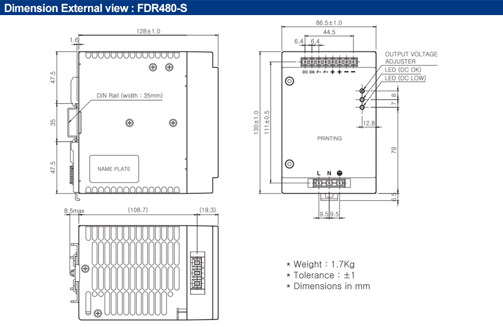 Kích thước : Bộ nguồn Fine Suntronix FDR480-24 480W