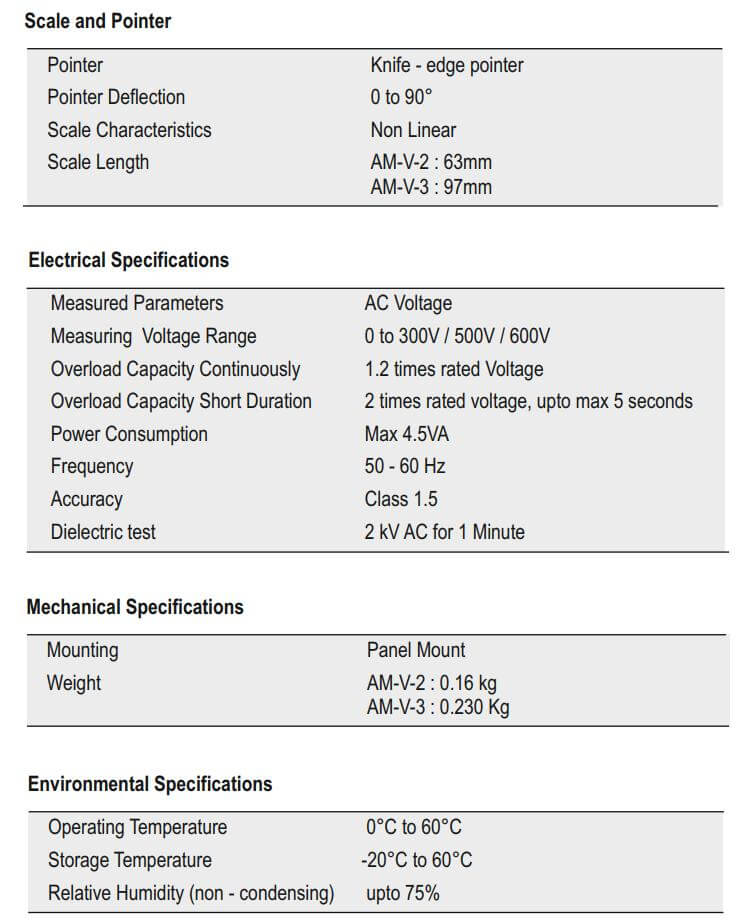 Thông số kỹ thuật Selec AM-V-3-N : Đồng hồ đo điện áp bằng kim