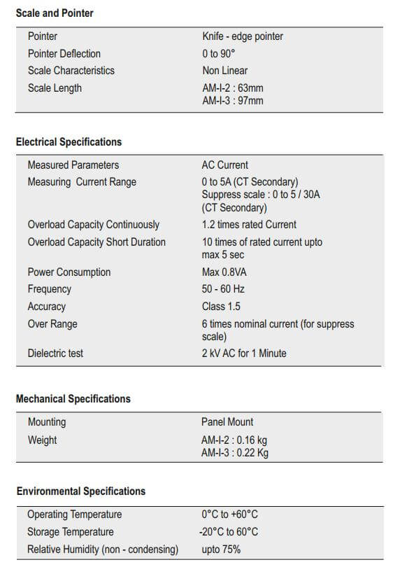 Thông số kỹ thuật Selec AM-I-3-50/5A Đồng hồ kim đo dòng điện
