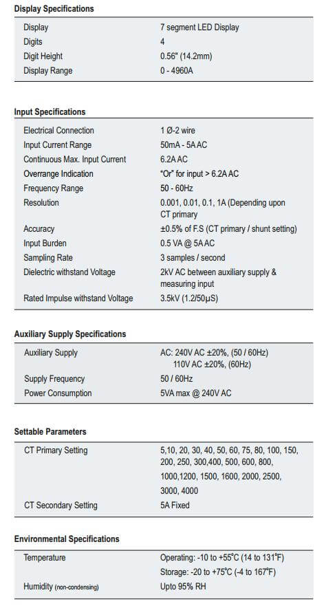 Thông số kỹ thuật Selec MA12: Đồng hồ đo dòng điện AC gián tiếp qua CT