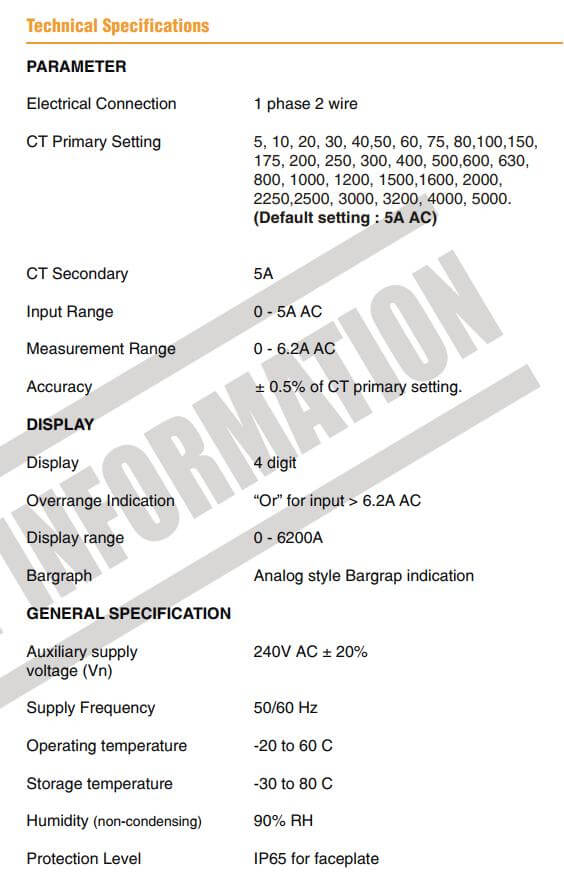 Thông số kỹ thuật Selec MA201: Đồng hồ đo dòng điện AC
