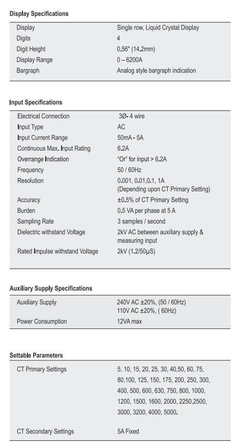 Thông số kỹ thuật Selec MA2301: Đồng hồ đo dòng điện 3 pha