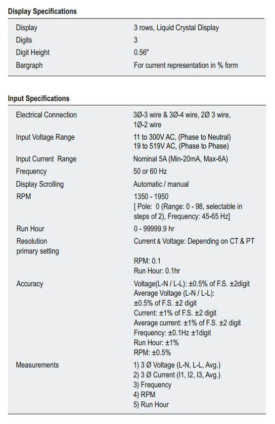 Thông số kỹ thuật Selec VAF36A: Đồng hồ đo điện áp, dòng điện và tần số