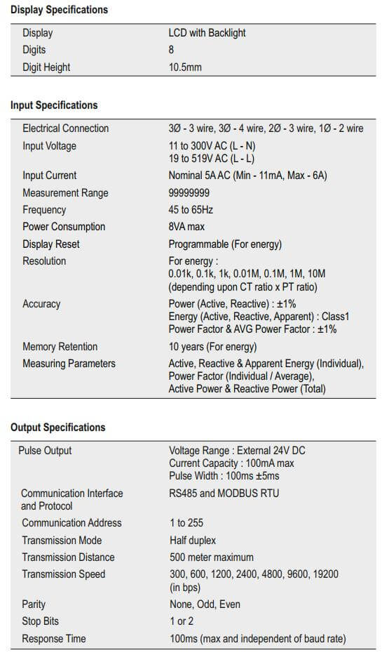 Thông số kỹ thuật Selec EM368-C: Đồng hồ đo điện năng