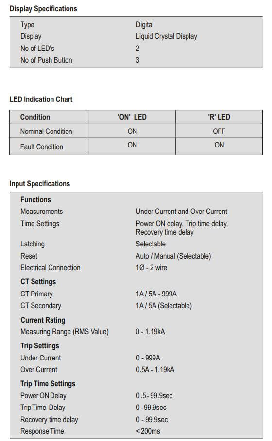 Thông số kỹ thuật Selec 900CPR-1-230V: Role bảo vệ Dòng điện 1 pha