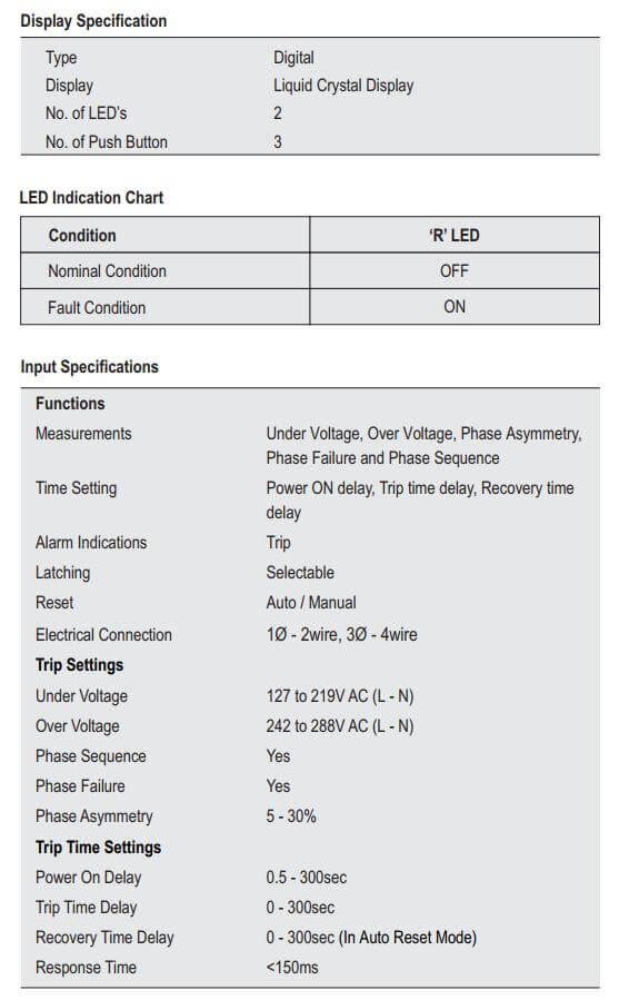 Thông số kỹ thuật Selec VPRD2M - BL: Rờ le bảo vệ Điện áp