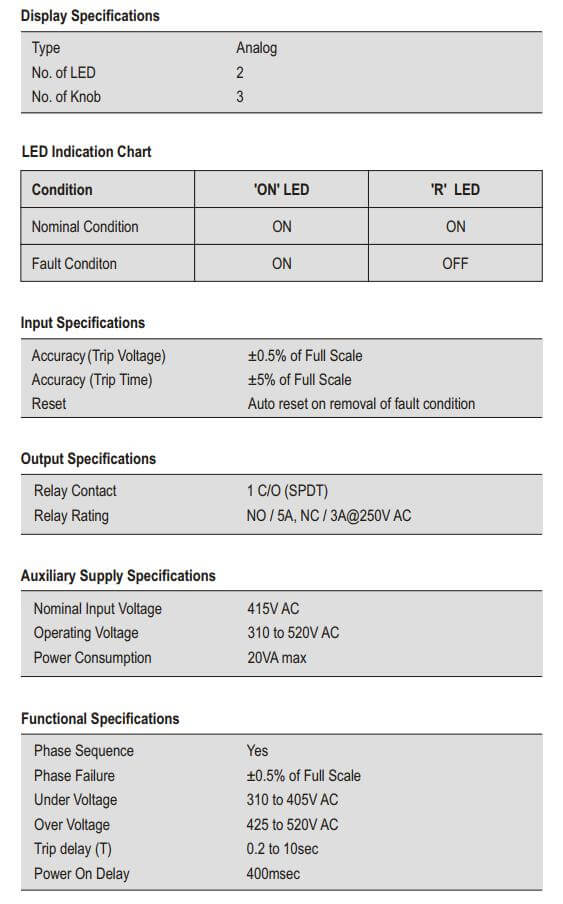 Thông số kỹ thuật Selec 600VPR-310 / 520: Rờ le bảo vệ Điện áp 