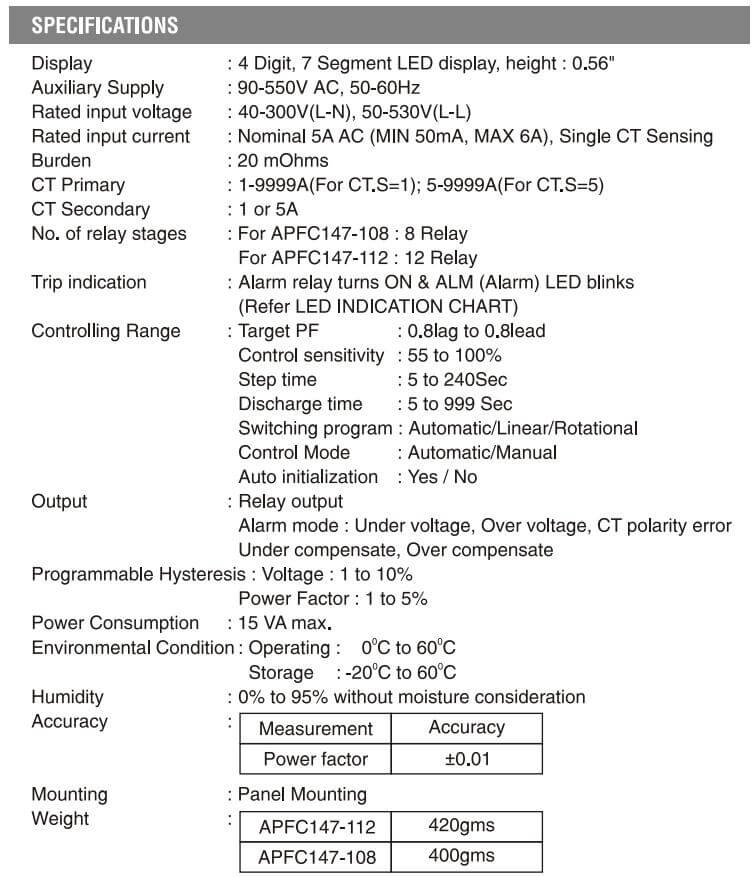 Thông số kỹ thuật Bộ điều khiển tụ bù 12 cấp Selec APFC 147-112