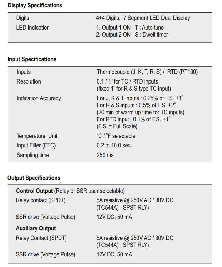 Thông số kỹ thuật Selec TC344AX: Bộ điều khiển nhiệt độ