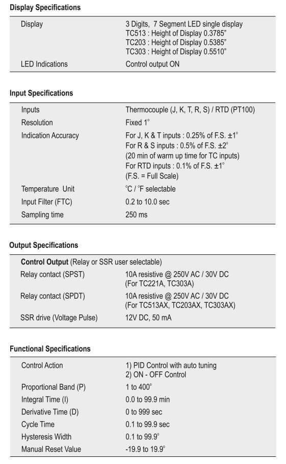 Thông số kỹ thuật Selec TC513AX: Bộ điều khiển nhiệt độ