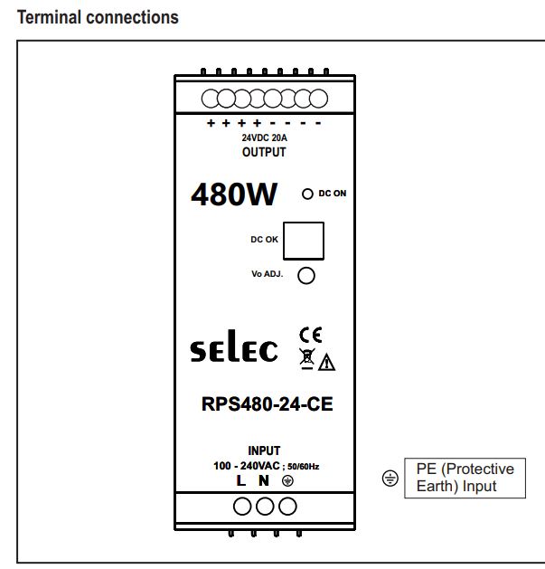 Cách nối dây, cách chỉnh, cài đặt, setup Bộ nguồn 24VDC 480W Selec RPS480-24