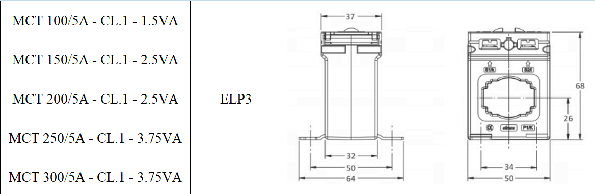 Cấu tạo và Kích thước Biến dòng Elmex ELP3-MCT 100/5A ~ 300/5A