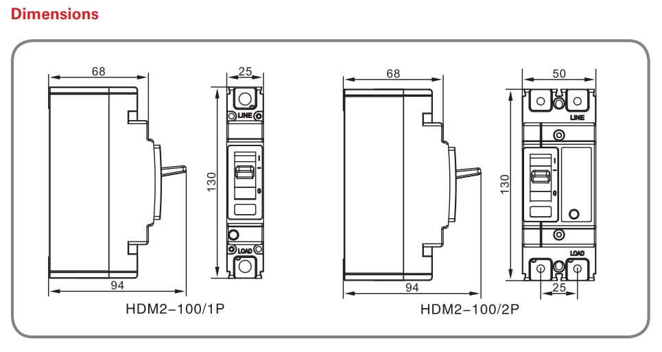 Cấu tạo và Kích thước Himel MCCB 2P 40A 25kA HDM2100L0402