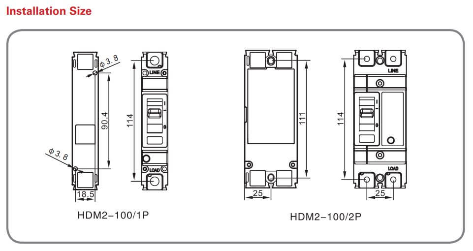 Cấu tạo và Kích thước Himel MCCB 2P, 100A 25kA HDM2125L1002