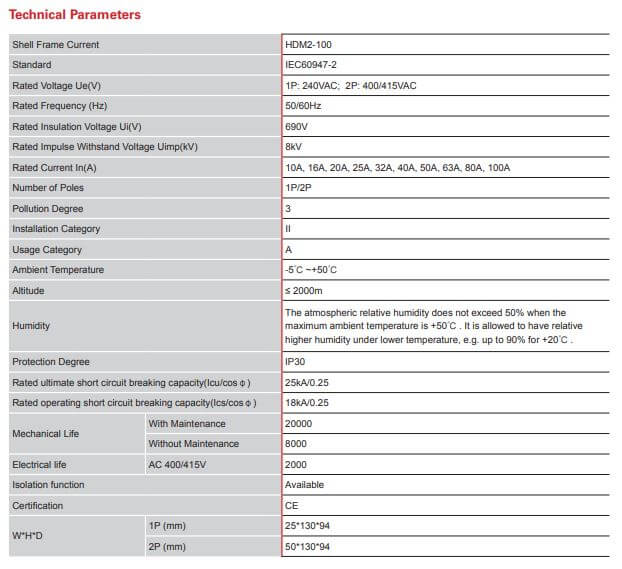 Thông số kỹ thuật Himel MCCB 2P 80A 25kA HDM2100L0802