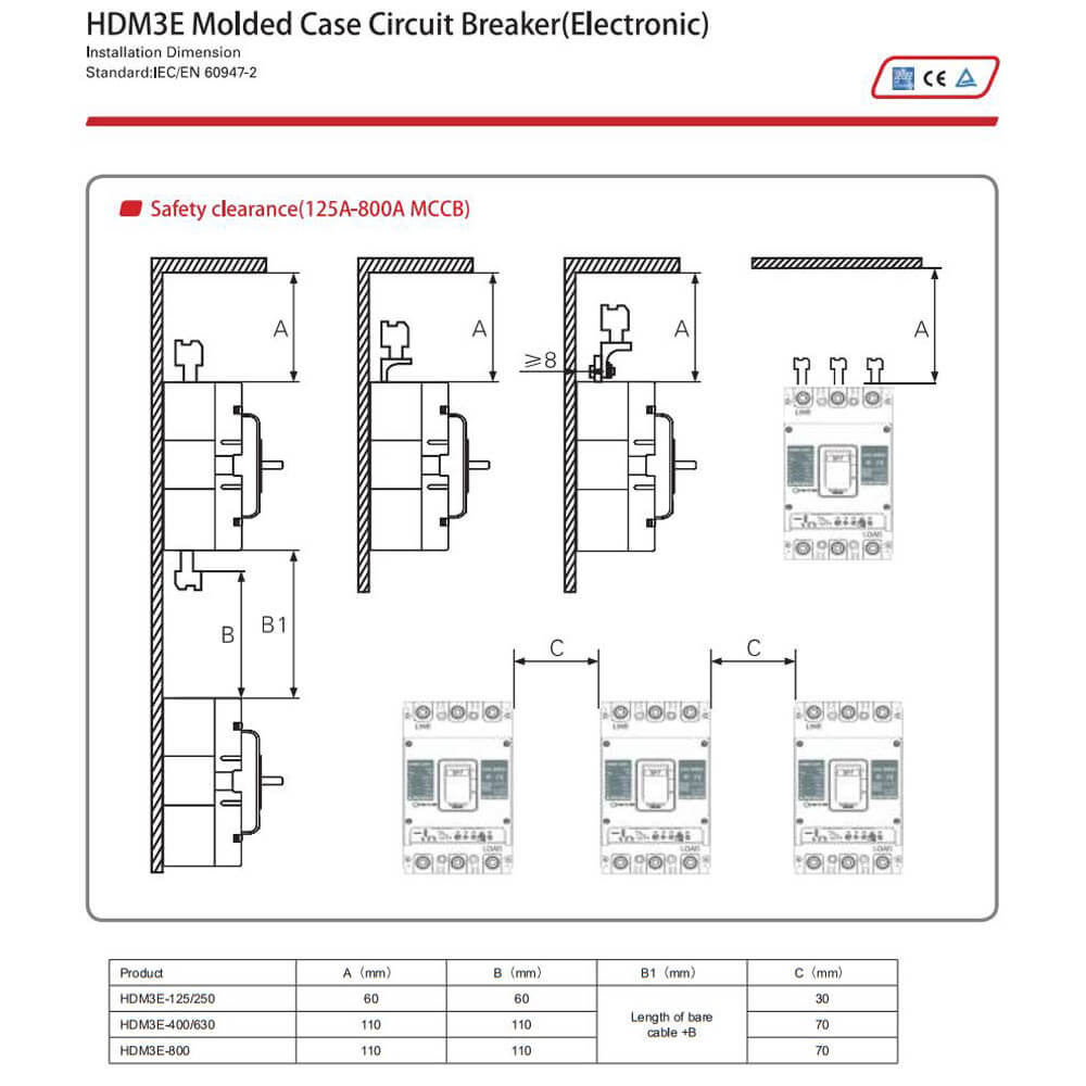 Cấu tạo và Kích thước Himel MCCB chỉnh dòng điện tử 3P, 800A HDM3E800M80033