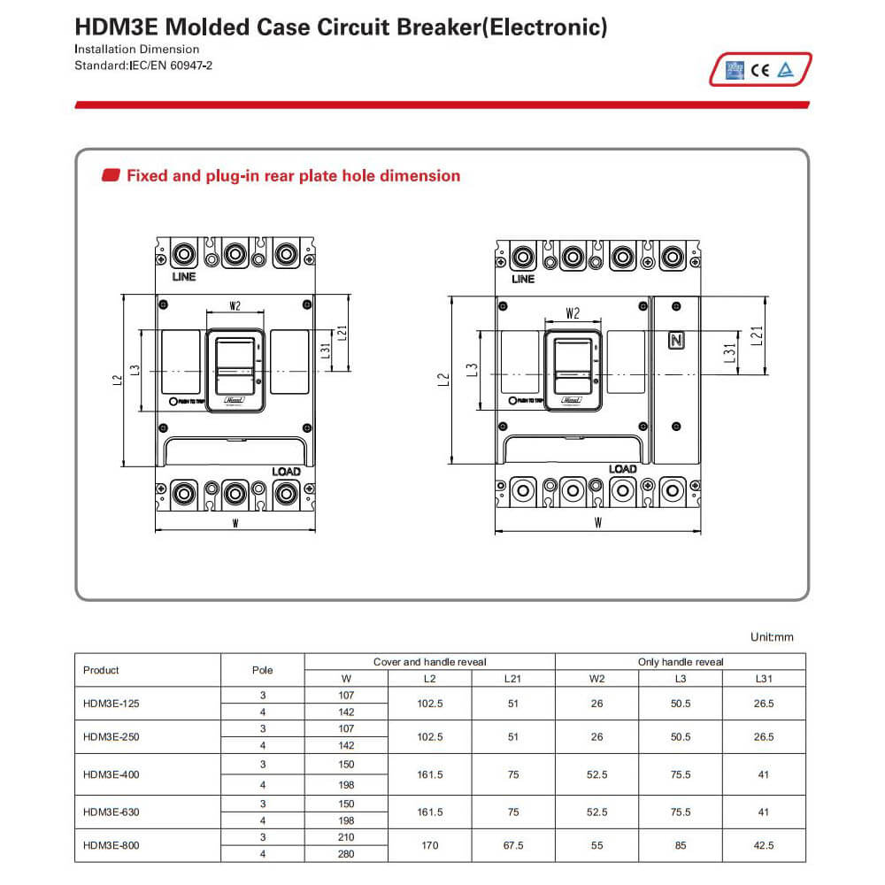 Cấu tạo và Kích thước Himel MCCB chỉnh dòng điện tử 3P, 550A HDM3E400M35033