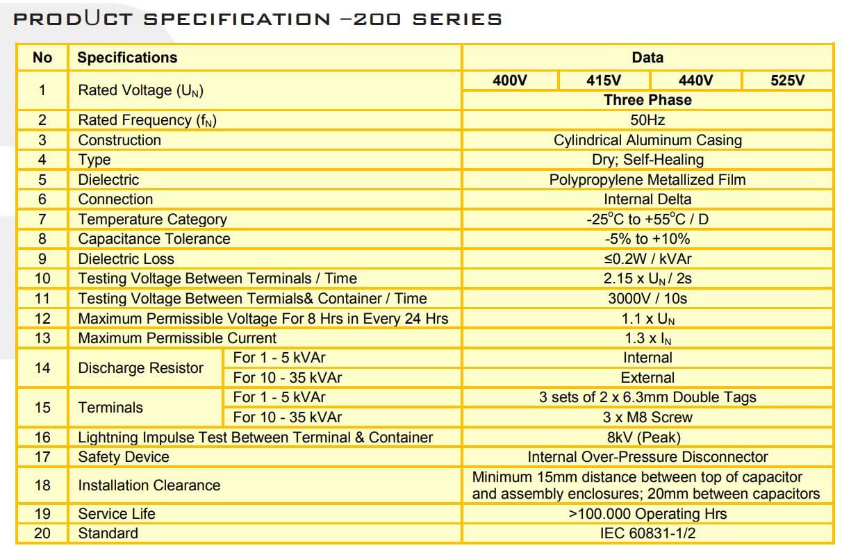 Thông số kỹ thuật Tụ bù Elco 20Kvar 440V 50Hz Elco 200QELCO200