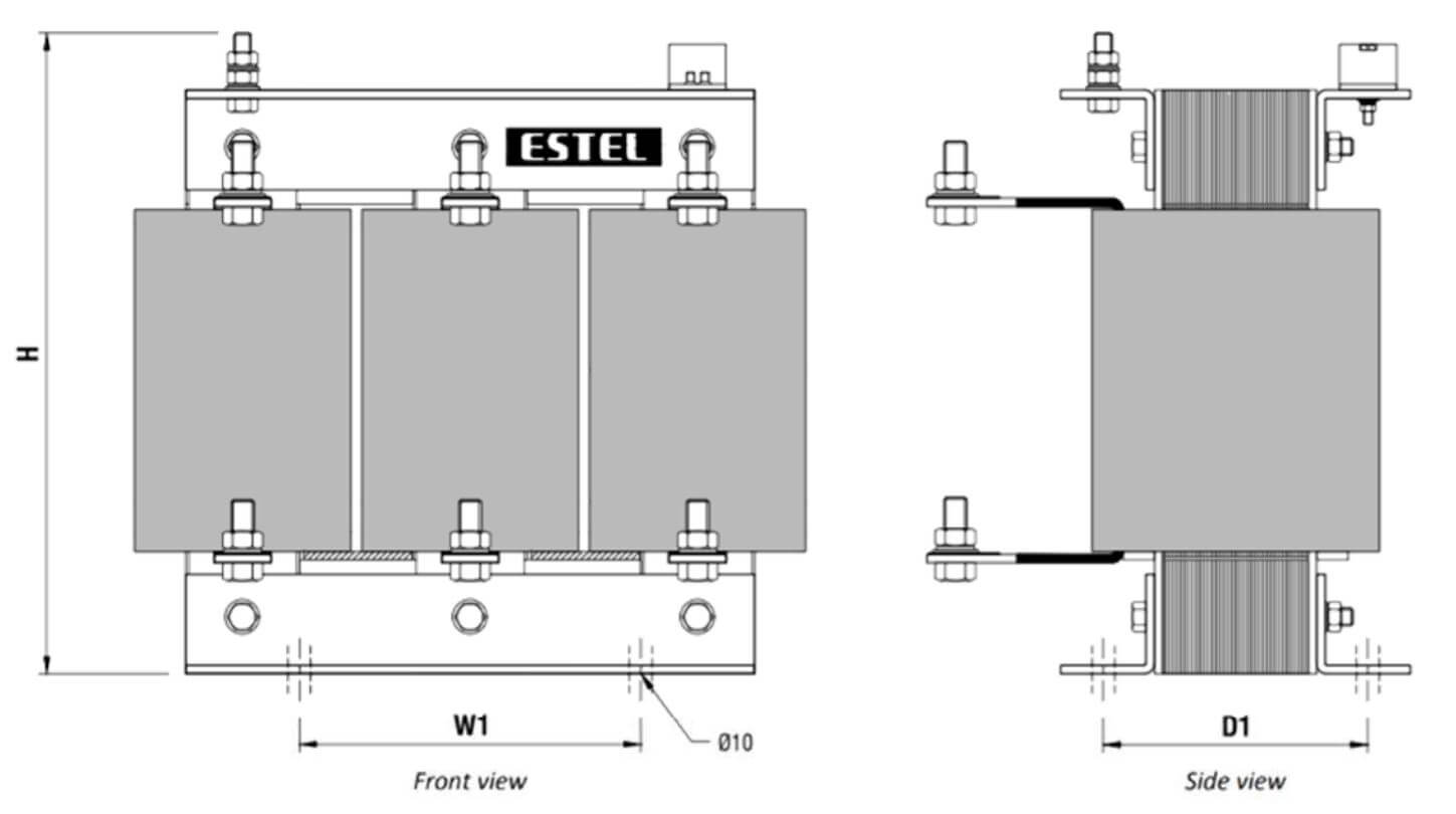 Kích thước Cuộn kháng lọc sóng hài Estel 6% DFR6-400-015/440 3P 440V dùng cho tụ bù 15kvar