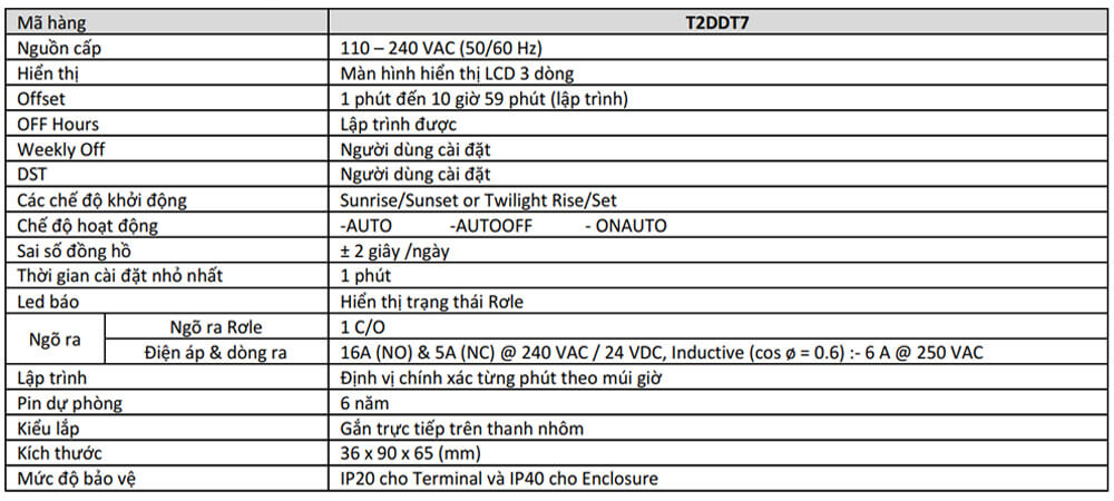 Thông số kỹ thuật  GIC T2DDT7  Astronomical Time Switch Mini