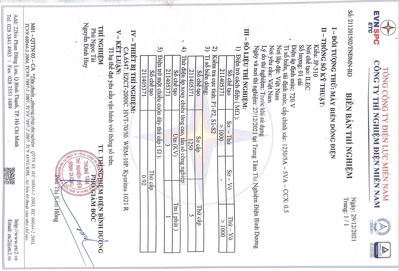 Biên bản kiểm định Biến dòng kẹp / biến dòng hở ILEC JP-510 1250/5A 25VA