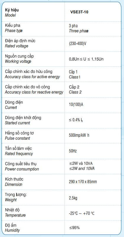Thông số kỹ thuật Vinasino VSE3T-10 Công tơ điện tử 3 pha 3 biểu giá